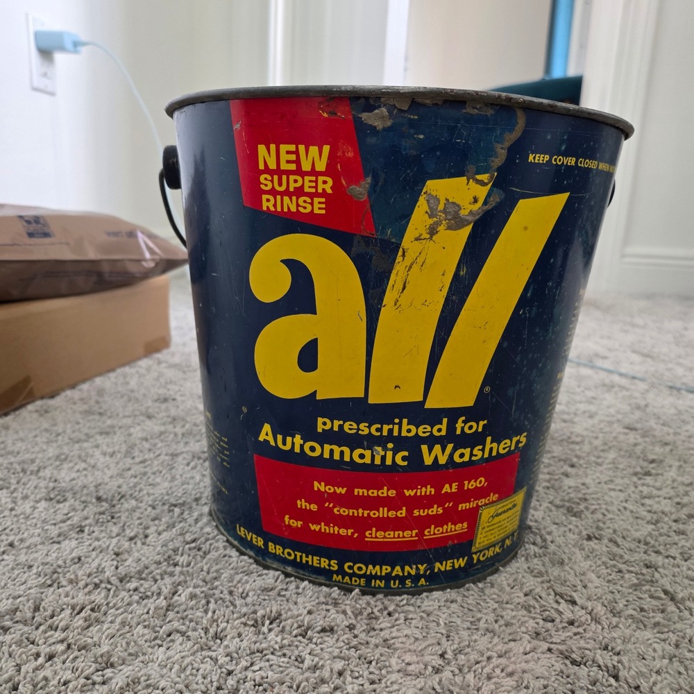 Vintage 1950s ALL Laundry Detergent 23 LB Metal Advertising Pail Bucket Lever